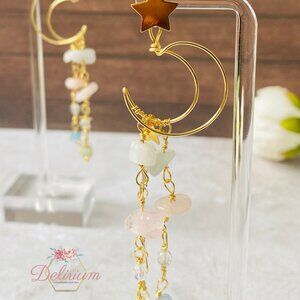 Moon and star earrings-morganite earrings-Gold dangle hoop Earrings